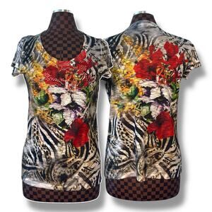 Vtg Y2K Cache Embellished Graphic Top Size Medium Rhinestone Animal Print AOP